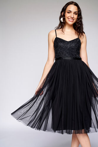 Black Solid Flared Dress, Black, image 7
